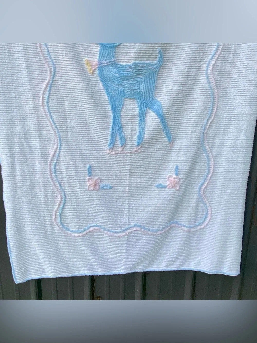 Vintage Crib Blanket Blue Pink Baby Deer Chenille Blanket 41” x 62”